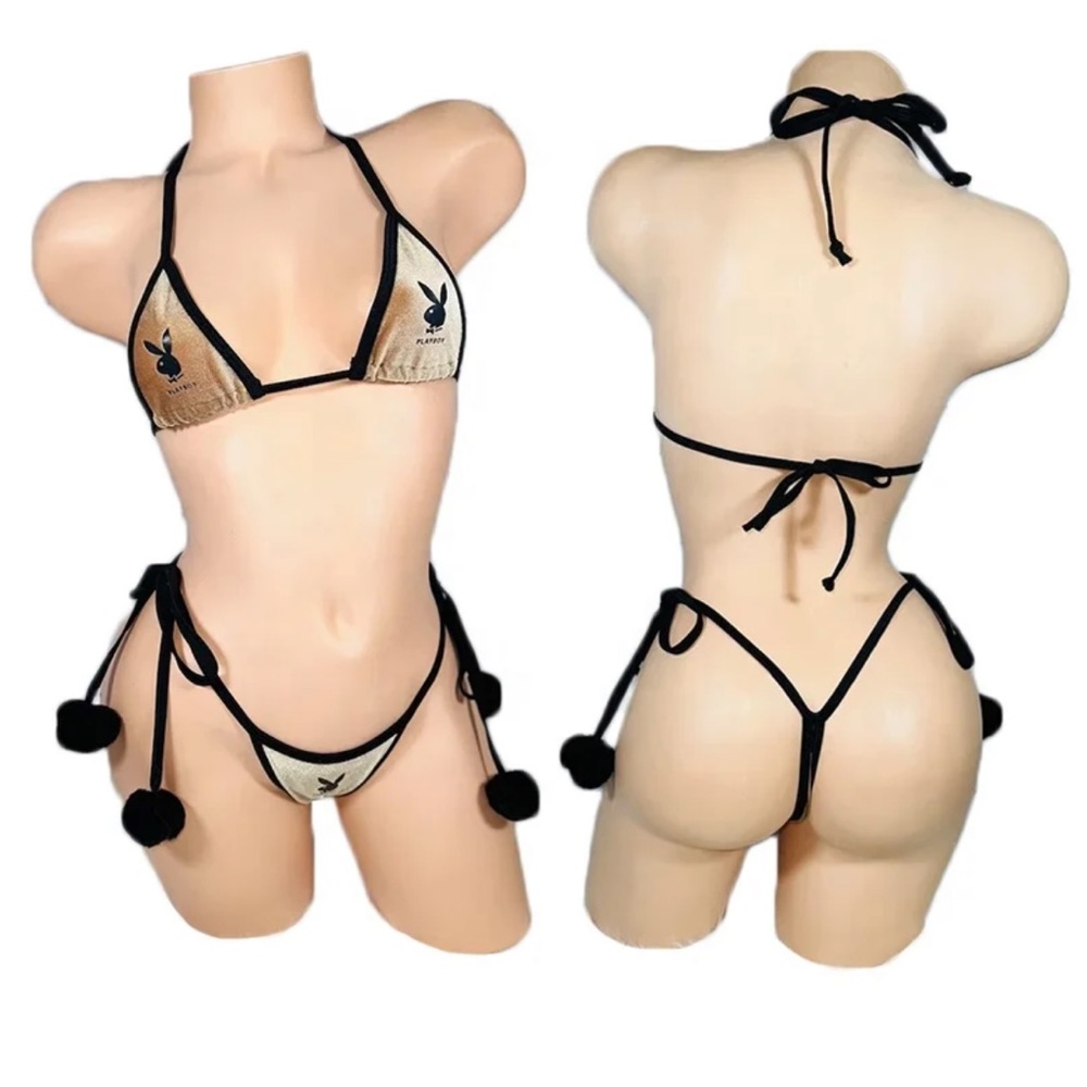 NEW PLAYBOY Velvet Pom Pom Tie Thong Exotic Dancer Bikini Set
